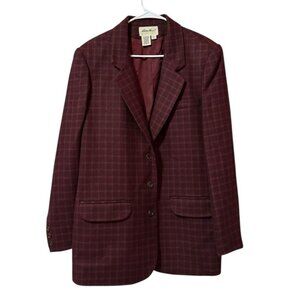 Eddie Bauer Women L Red Tweed Plaid Wool Blazer Jacket Lined Academia Preppy VTG